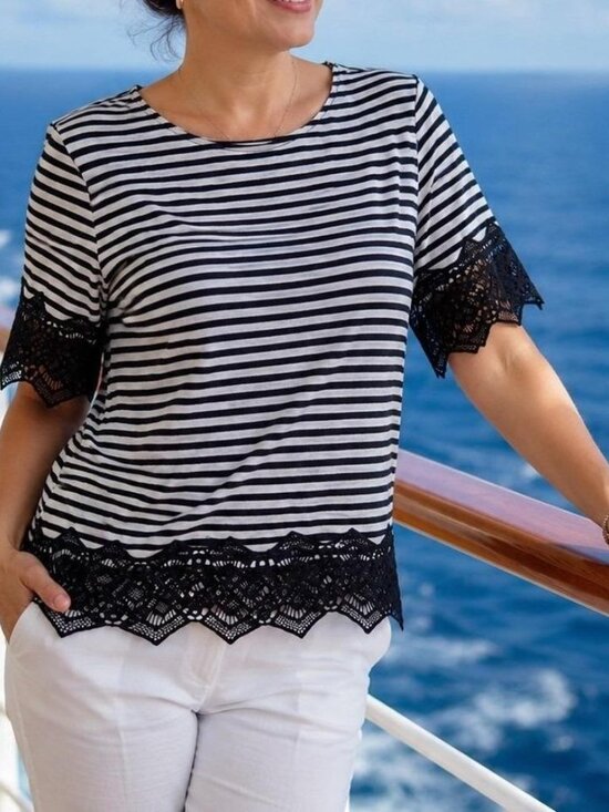 Chico's Tops - Chico's Striped Lace Trim Top Navy White Cotton Modal Knit Blouse Size 3 (XL)
